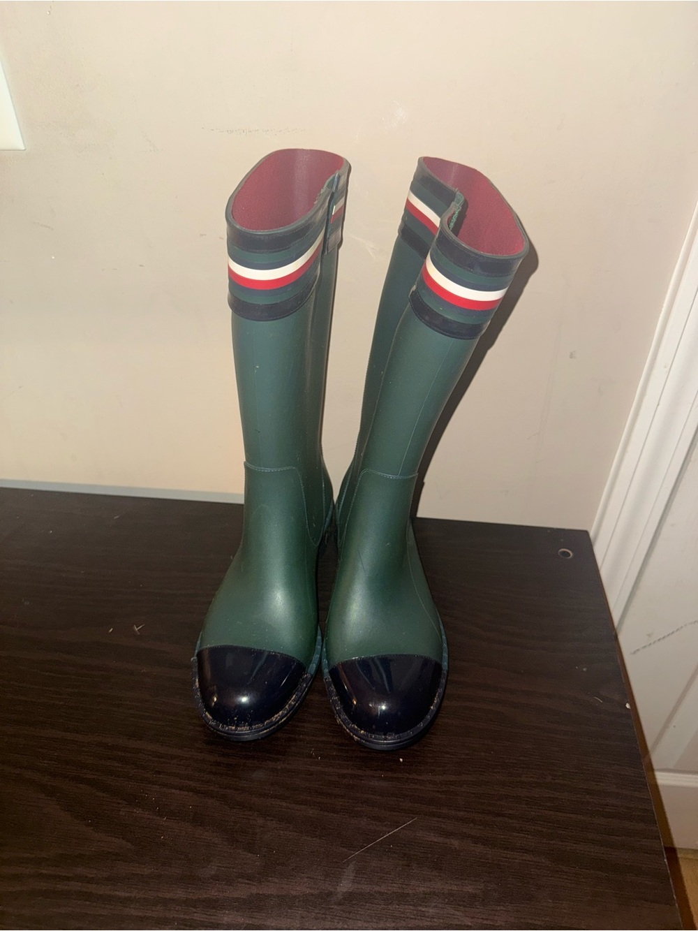 Tommy Hilfiger Green Tall Rain Boots with Navy Toe and Red-White Stripe